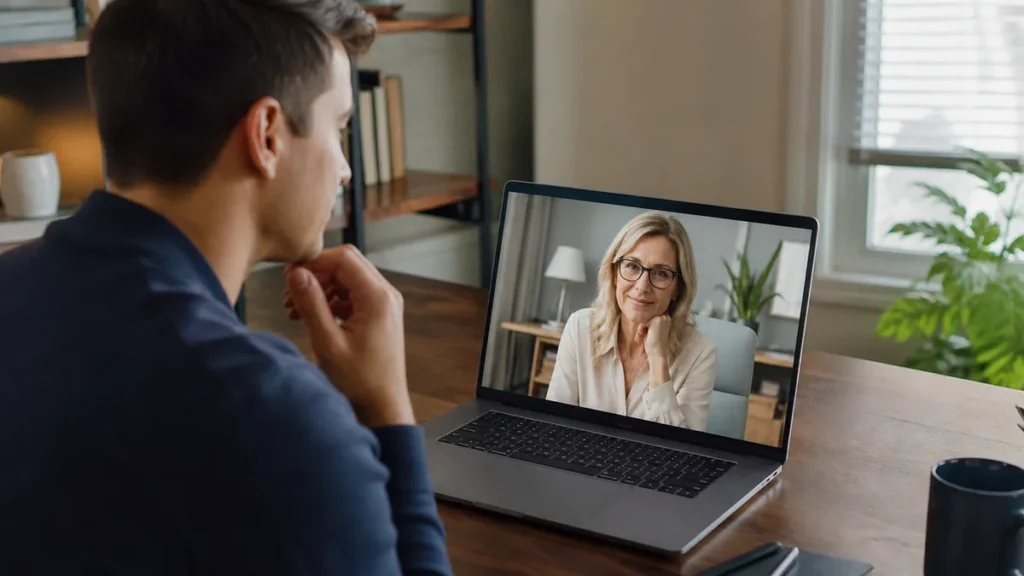 Adult man having a respectful video conversation with an older woman on a laptop