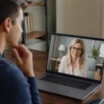 Adult man having a respectful video conversation with an older woman on a laptop