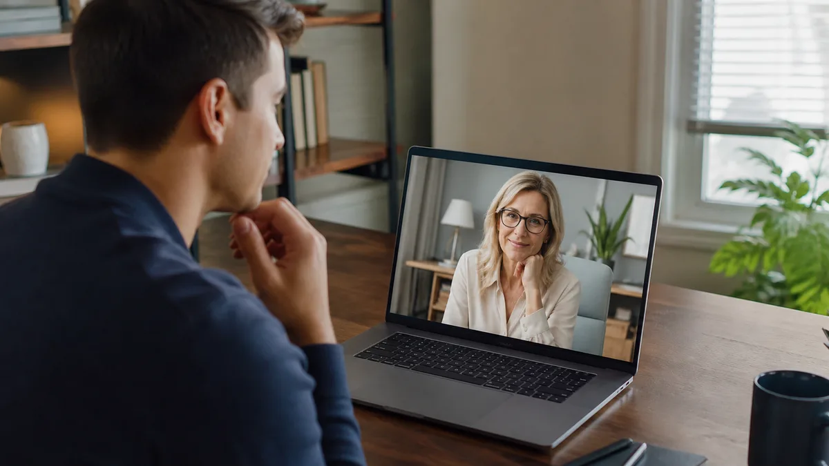 Adult man having a respectful video conversation with an older woman on a laptop